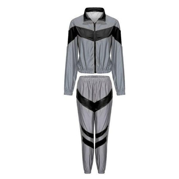 Silver Black Reflective Color Block Sports Hoodie Pants Suit Set - Takalr