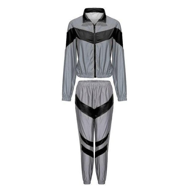 Silver Black Reflective Color Block Sports Hoodie Pants Suit Set - Takalr