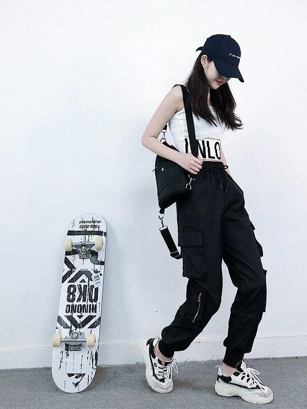 Girls Black Street Dance Pants Hiphop Style Sport Running Outfit Loose Pants - Takalr