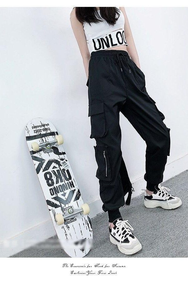 Girls Black Street Dance Pants Hiphop Style Sport Running Outfit Loose Pants - Takalr