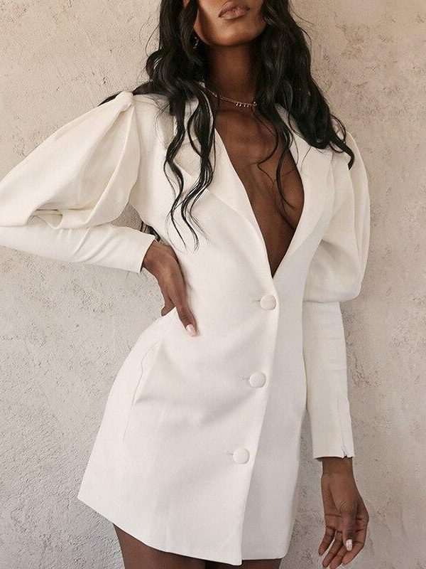 puff sleeve turn down short dress women solid white button designed white dress Autumn party long sleeve vestidos - Takalr