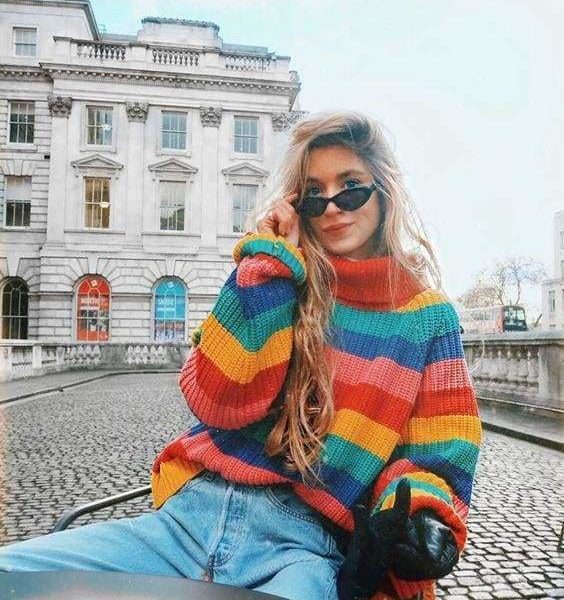 The Best Rainbow Turtleneck Sweaters Women Fashion Striped Oversized Pullover Online - Source Silk