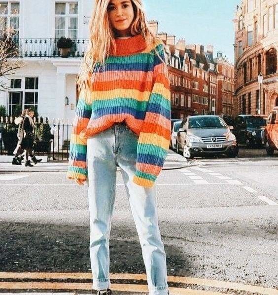 The Best Rainbow Turtleneck Sweaters Women Fashion Striped Oversized Pullover Online - Source Silk