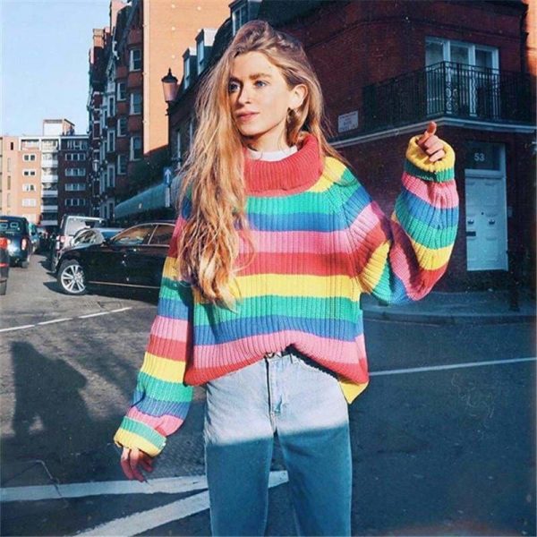 The Best Rainbow Turtleneck Sweaters Women Fashion Striped Oversized Pullover Online - Source Silk