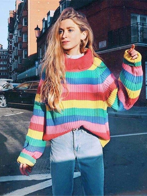 The Best Rainbow Turtleneck Sweaters Women Fashion Striped Oversized Pullover Online - Source Silk