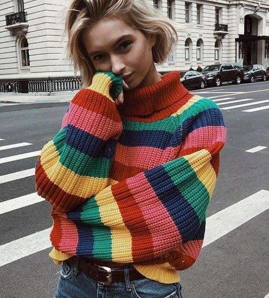 The Best Rainbow Turtleneck Sweaters Women Fashion Striped Oversized Pullover Online - Source Silk