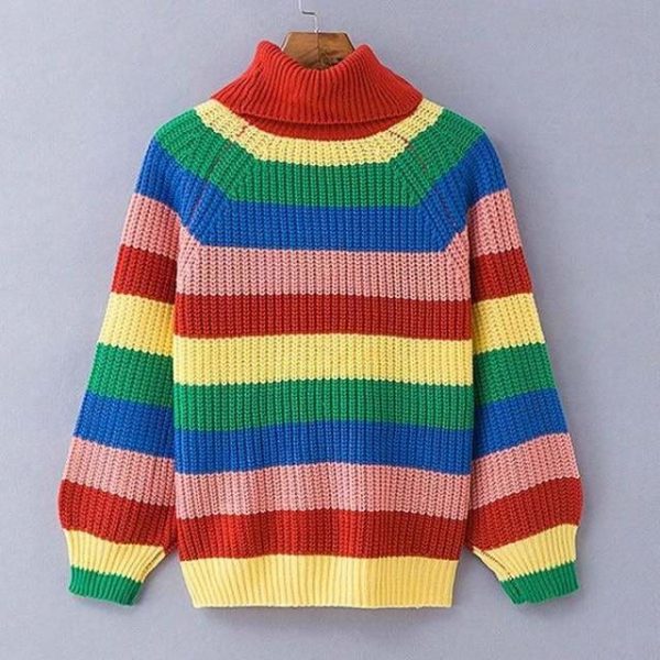 The Best Rainbow Turtleneck Sweaters Women Fashion Striped Oversized Pullover Online - Source Silk