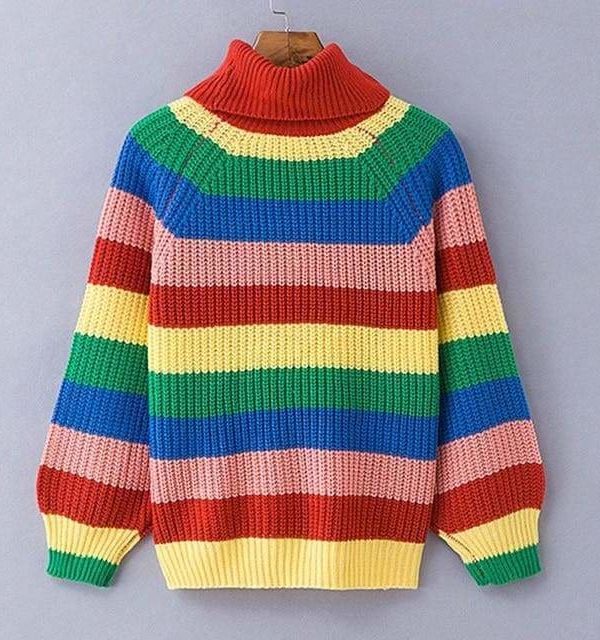 The Best Rainbow Turtleneck Sweaters Women Fashion Striped Oversized Pullover Online - Source Silk