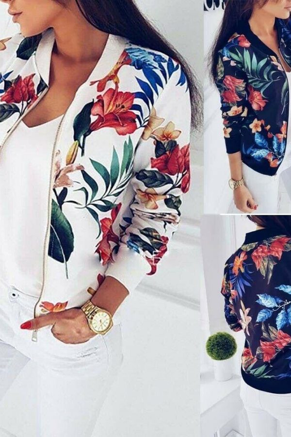 The Best Retro Floral Printed Short Jacket Woman Zipper Bomber Female Spring Outwear Casual Long Sleeve Fashion Women's Clothes Online - Takalr