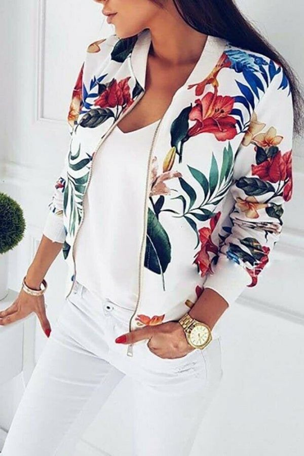 The Best Retro Floral Printed Short Jacket Woman Zipper Bomber Female Spring Outwear Casual Long Sleeve Fashion Women's Clothes Online - Takalr