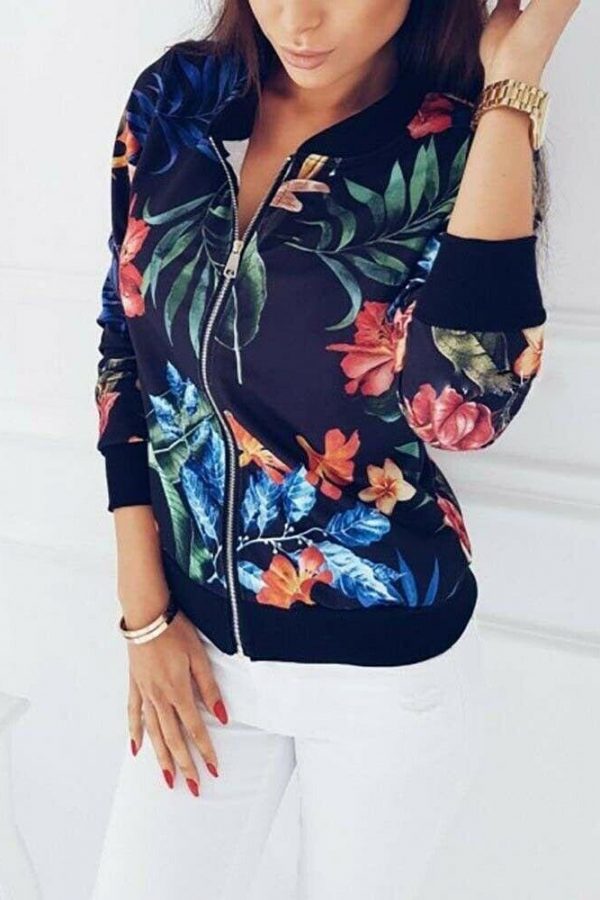 The Best Retro Floral Printed Short Jacket Woman Zipper Bomber Female Spring Outwear Casual Long Sleeve Fashion Women's Clothes Online - Takalr