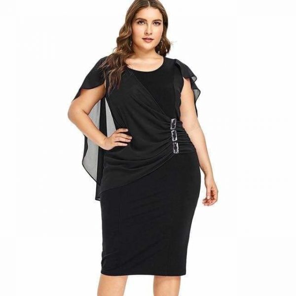 The Best Rhinestone Ruched Embellished Capelet Dress O-Neck Sleeveless Plus Size Online - Source Silk