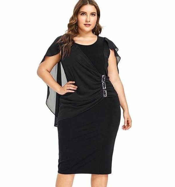 The Best Rhinestone Ruched Embellished Capelet Dress O-Neck Sleeveless Plus Size Online - Source Silk