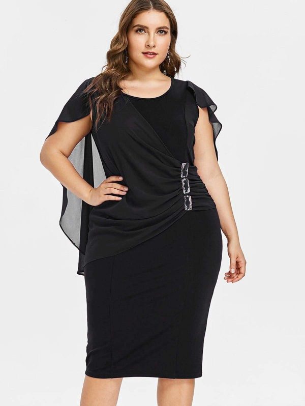 The Best Rhinestone Ruched Embellished Capelet Dress O-Neck Sleeveless Plus Size Online - Source Silk