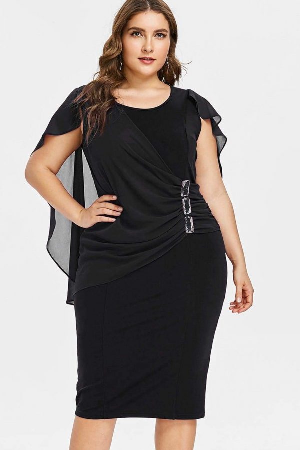 The Best Rhinestone Ruched Embellished Capelet Dress O-Neck Sleeveless Plus Size Online - Source Silk