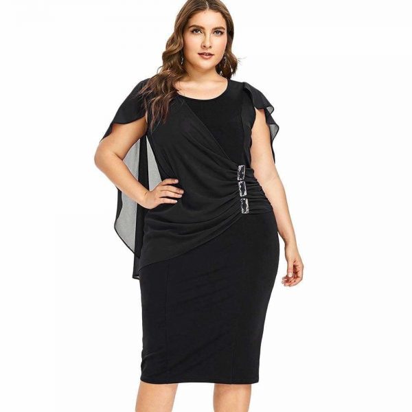 The Best Rhinestone Ruched Embellished Capelet Dress O-Neck Sleeveless Plus Size Online - Source Silk