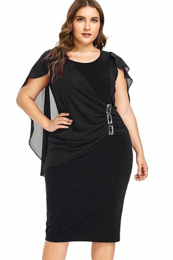 The Best Rhinestone Ruched Embellished Capelet Dress O-Neck Sleeveless Plus Size Online - Source Silk