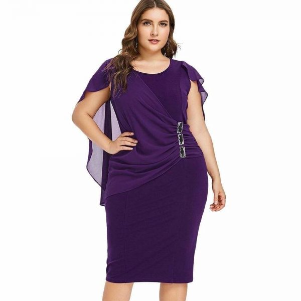 The Best Rhinestone Ruched Embellished Capelet Dress O-Neck Sleeveless Plus Size Online - Source Silk