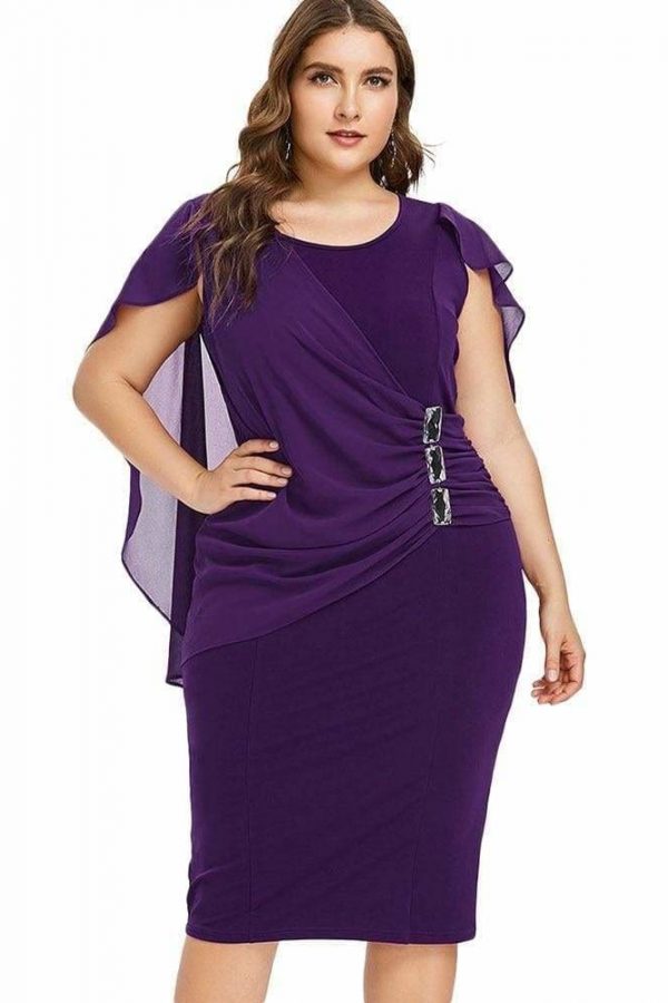 The Best Rhinestone Ruched Embellished Capelet Dress O-Neck Sleeveless Plus Size Online - Source Silk