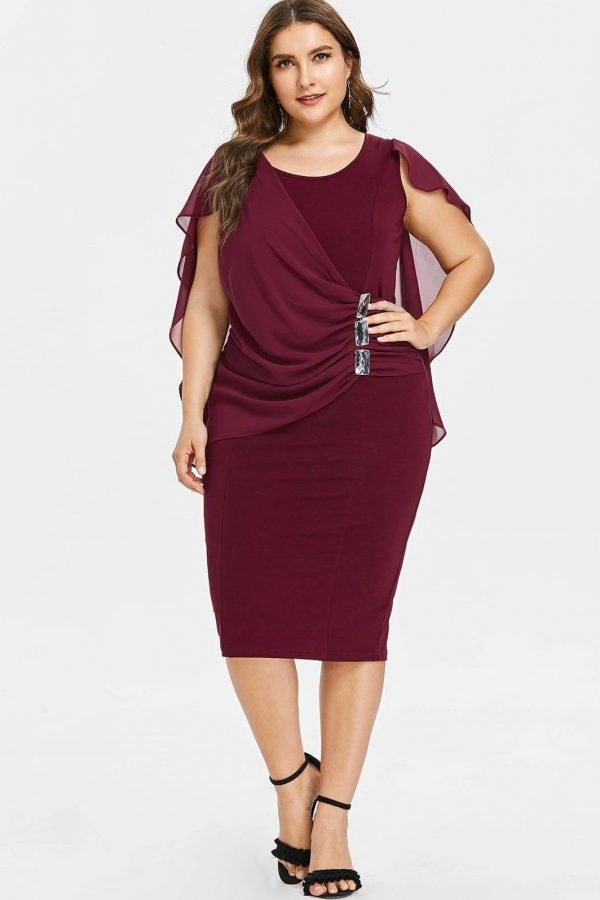 The Best Rhinestone Ruched Embellished Capelet Dress O-Neck Sleeveless Plus Size Online - Source Silk