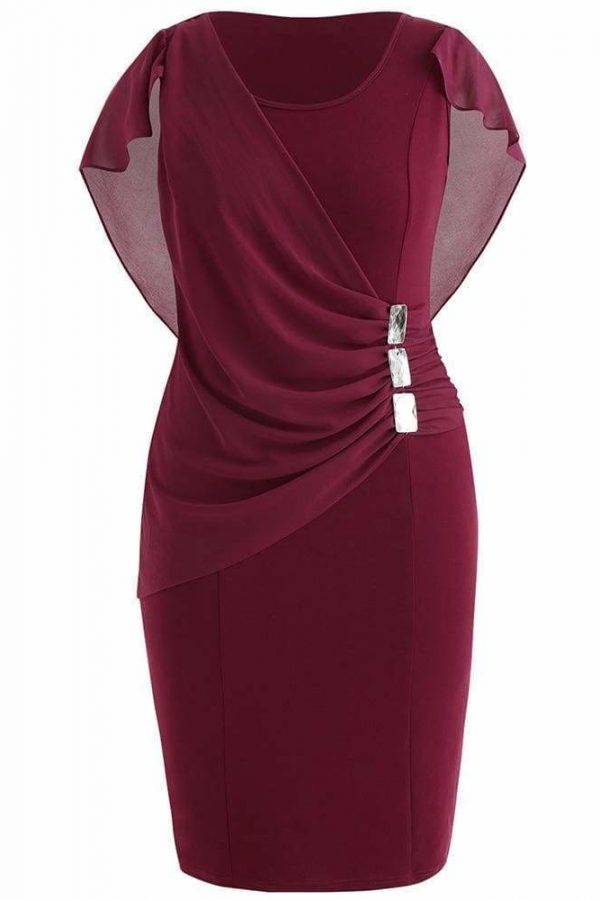 The Best Rhinestone Ruched Embellished Capelet Dress O-Neck Sleeveless Plus Size Online - Source Silk