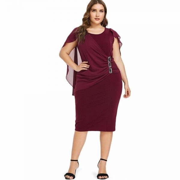 The Best Rhinestone Ruched Embellished Capelet Dress O-Neck Sleeveless Plus Size Online - Source Silk