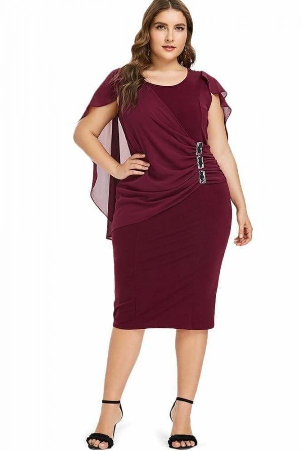 The Best Rhinestone Ruched Embellished Capelet Dress O-Neck Sleeveless Plus Size Online - Source Silk