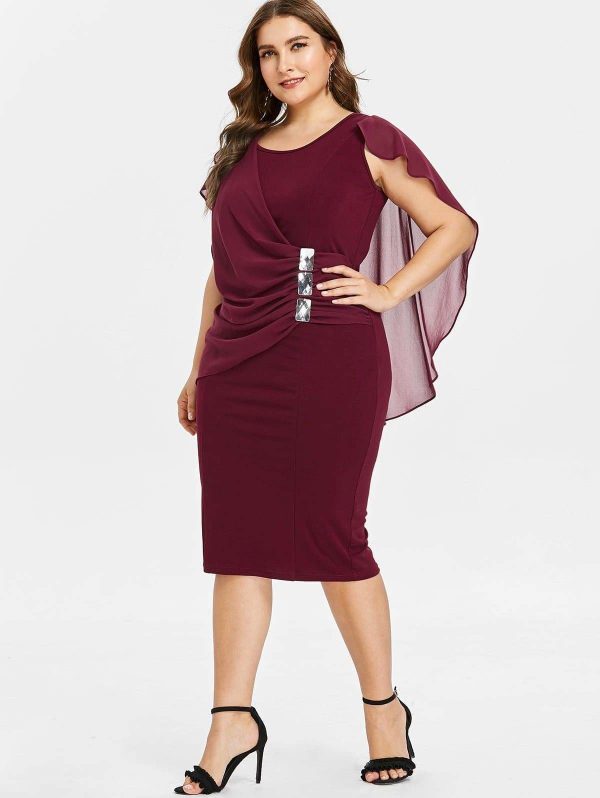 The Best Rhinestone Ruched Embellished Capelet Dress O-Neck Sleeveless Plus Size Online - Source Silk