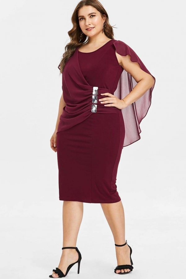 The Best Rhinestone Ruched Embellished Capelet Dress O-Neck Sleeveless Plus Size Online - Source Silk