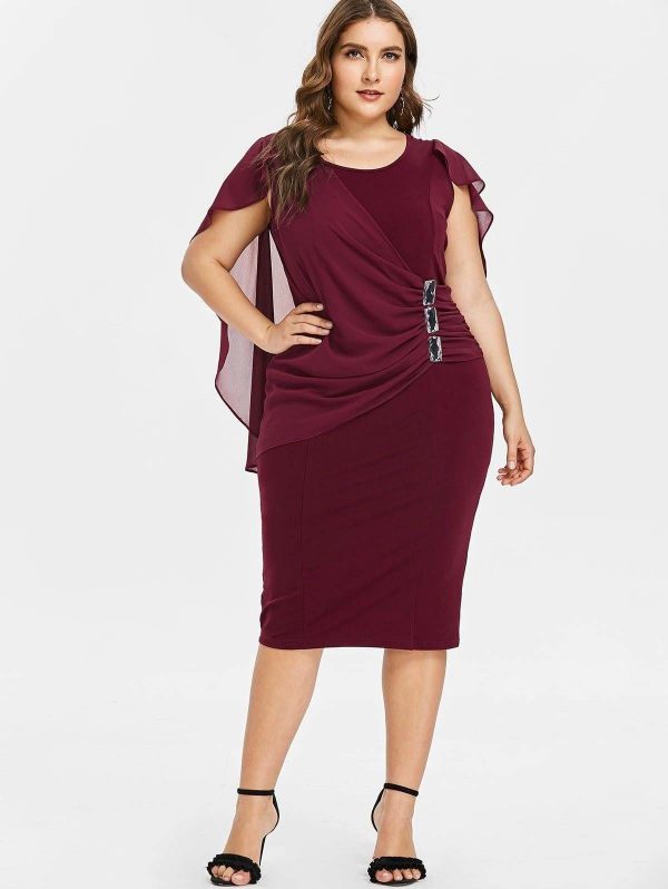 The Best Rhinestone Ruched Embellished Capelet Dress O-Neck Sleeveless Plus Size Online - Source Silk