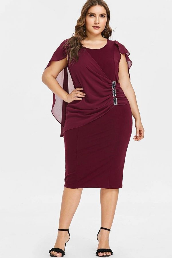 The Best Rhinestone Ruched Embellished Capelet Dress O-Neck Sleeveless Plus Size Online - Source Silk