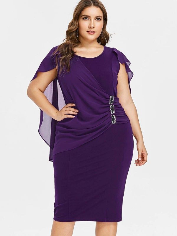 The Best Rhinestone Ruched Embellished Capelet Dress O-Neck Sleeveless Plus Size Online - Source Silk