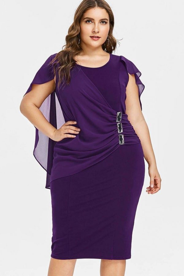 The Best Rhinestone Ruched Embellished Capelet Dress O-Neck Sleeveless Plus Size Online - Source Silk