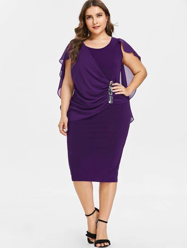 The Best Rhinestone Ruched Embellished Capelet Dress O-Neck Sleeveless Plus Size Online - Source Silk