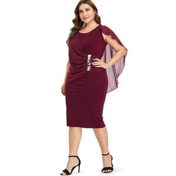 The Best Rhinestone Ruched Embellished Capelet Dress O-Neck Sleeveless Plus Size Online - Source Silk