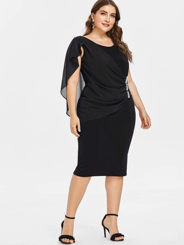 The Best Rhinestone Ruched Embellished Capelet Dress O-Neck Sleeveless Plus Size Online - Source Silk