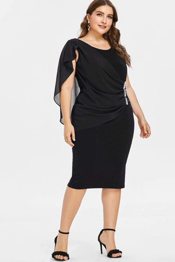 The Best Rhinestone Ruched Embellished Capelet Dress O-Neck Sleeveless Plus Size Online - Source Silk