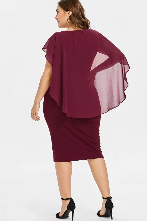 The Best Rhinestone Ruched Embellished Capelet Dress O-Neck Sleeveless Plus Size Online - Source Silk