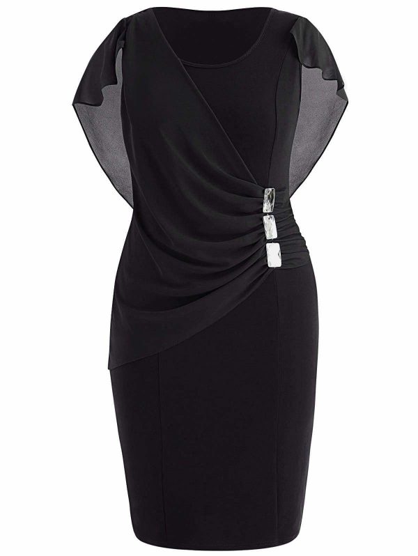 The Best Rhinestone Ruched Embellished Capelet Dress O-Neck Sleeveless Plus Size Online - Source Silk