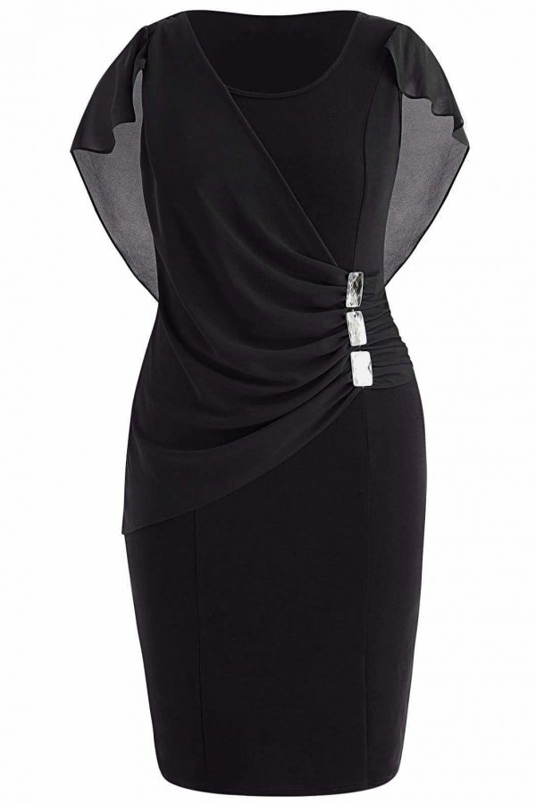 The Best Rhinestone Ruched Embellished Capelet Dress O-Neck Sleeveless Plus Size Online - Source Silk