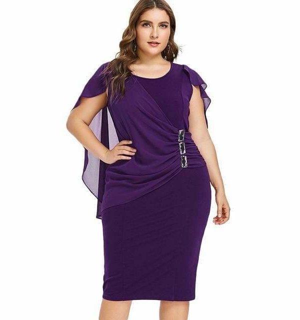 The Best Rhinestone Ruched Embellished Capelet Dress O-Neck Sleeveless Plus Size Online - Source Silk