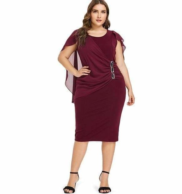 The Best Rhinestone Ruched Embellished Capelet Dress O-Neck Sleeveless Plus Size Online - Source Silk