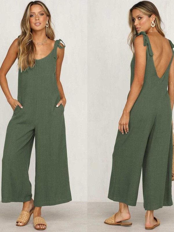 The Best Rompers Summer Women Casual Loose Linen Cotton Jumpsuit New Sleeveless Backless Pocket Playsuit Trousers Overalls Online - Takalr