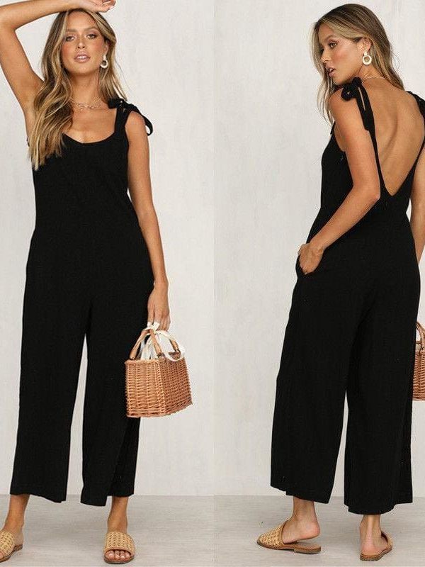 The Best Rompers Summer Women Casual Loose Linen Cotton Jumpsuit New Sleeveless Backless Pocket Playsuit Trousers Overalls Online - Takalr