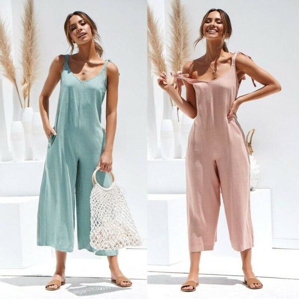 The Best Rompers Summer Women Casual Loose Linen Cotton Jumpsuit New Sleeveless Backless Pocket Playsuit Trousers Overalls Online - Takalr