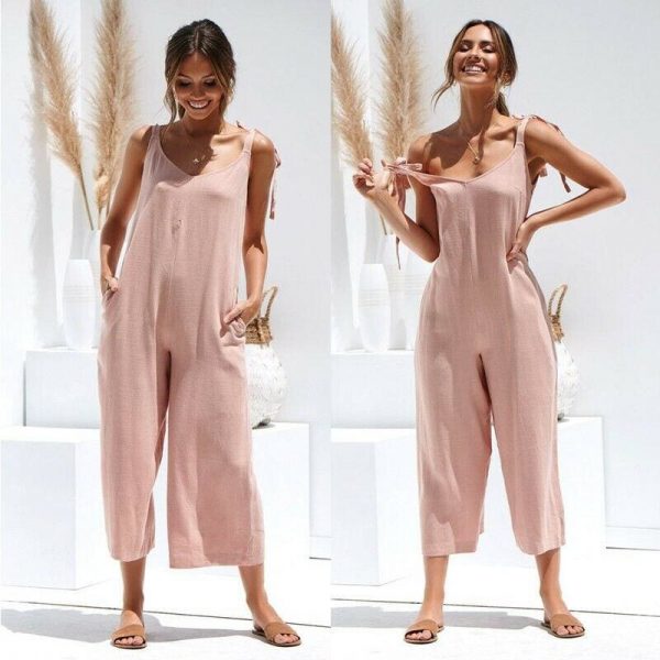 The Best Rompers Summer Women Casual Loose Linen Cotton Jumpsuit New Sleeveless Backless Pocket Playsuit Trousers Overalls Online - Takalr