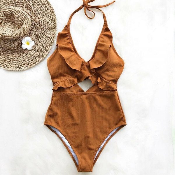 The Best Ruffle Swimsuit Women Backless Swimwear Women One Piece Swimsuit Padded Bathing Suit Ladies Beachwear Monokini Maillot De Bain Online - Takalr