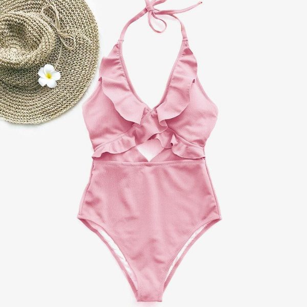 The Best Ruffle Swimsuit Women Backless Swimwear Women One Piece Swimsuit Padded Bathing Suit Ladies Beachwear Monokini Maillot De Bain Online - Takalr