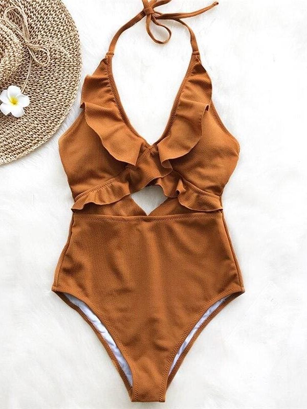 The Best Ruffle Swimsuit Women Backless Swimwear Women One Piece Swimsuit Padded Bathing Suit Ladies Beachwear Monokini Maillot De Bain Online - Takalr