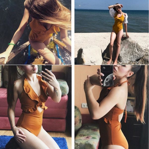 The Best Ruffle Swimsuit Women Backless Swimwear Women One Piece Swimsuit Padded Bathing Suit Ladies Beachwear Monokini Maillot De Bain Online - Takalr